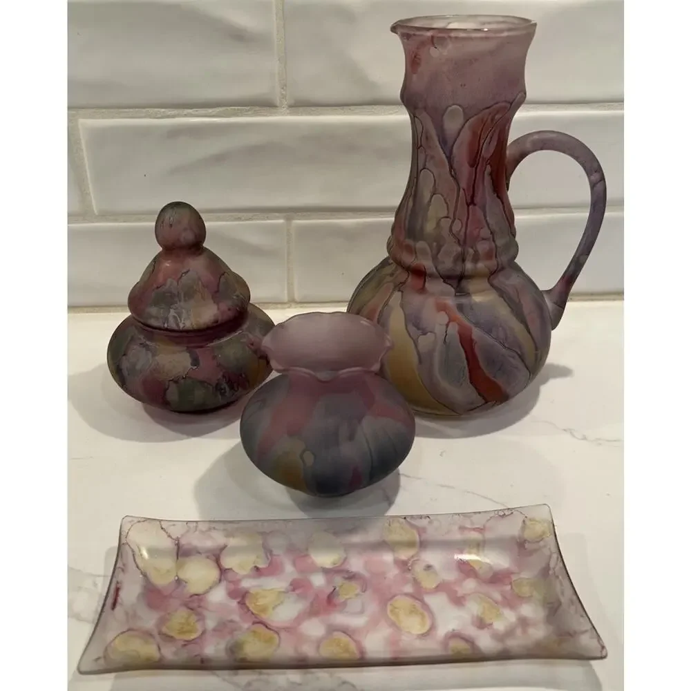 Vtg Rueven Israeli Original Hand Painted Nouveau Art Glass Pitcher Vase Set Of 4